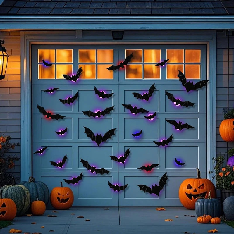 36-Pack LED Bats Spider Decor - Glow-in-the-Dark 3D Wall Stickers with Green Lights for Indoor/Outdoor Halloween Party Scares