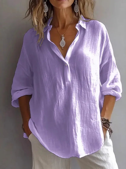 🔥Womens Casual Button V Neck Long Sleeve Shirts Oversized Solid Blouses Tops